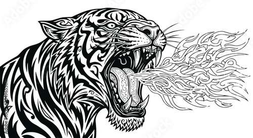 Cuadro en lienzo Fierce Tiger Roaring Fire Breath - Aggressive Animal Illustration