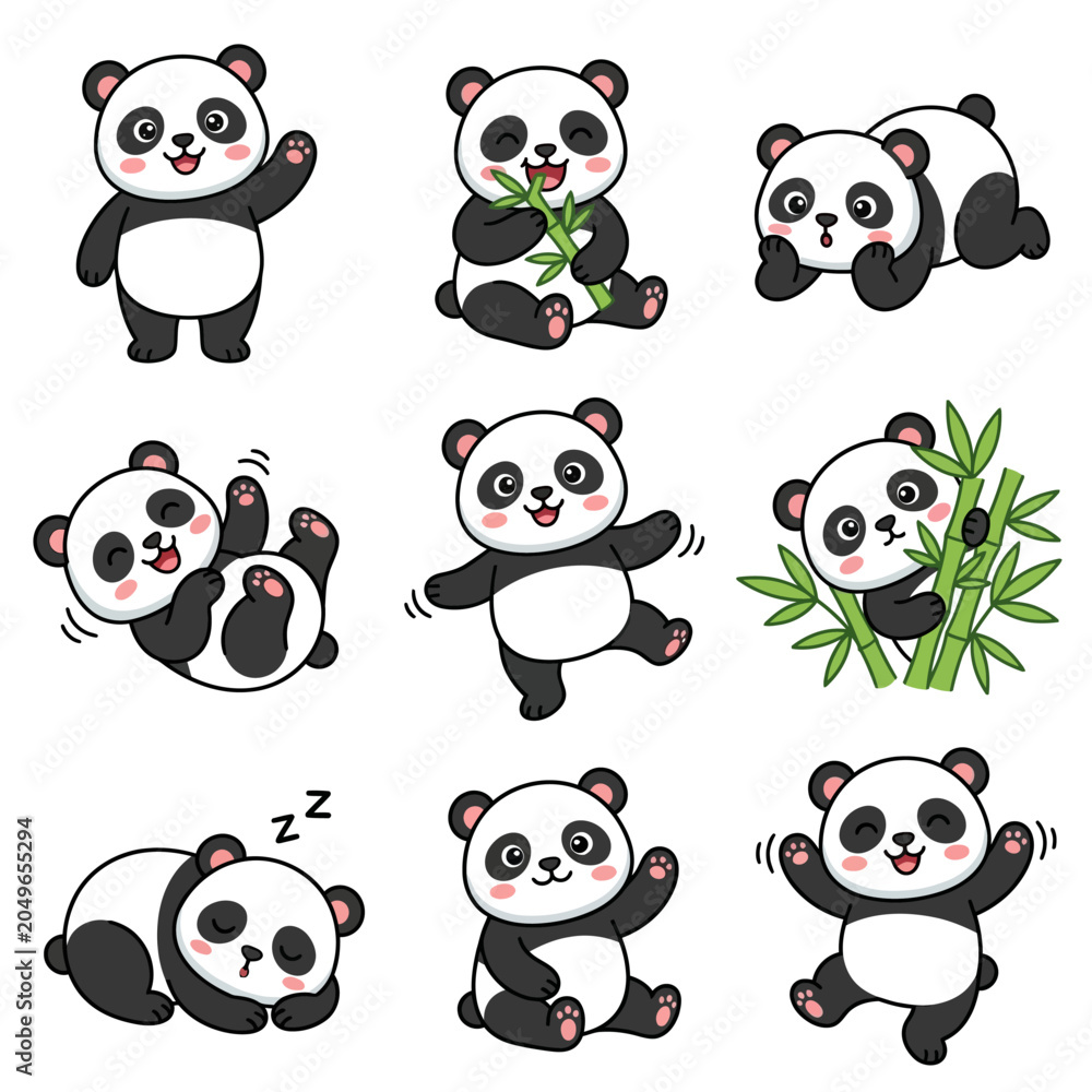 Obraz premium Cute panda bear set variety of poses actions cartoon animal