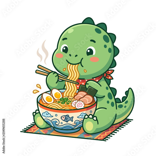Cute dinosaur eating ramen noodles charming green cartoon character bowl