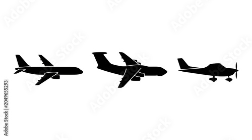 Black airplane silhouettes collection featuring commercial jet cargo transport plane and small propeller aircraft isolated on white background