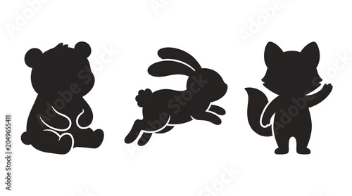 Black Silhouette Vector Icons Set Featuring Cute Woodland Animals Including A Sitting Bear A Jumping Rabbit And A Waving Fox Character