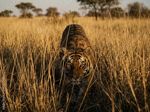 A majestic tiger stalking through tall golden grass in the wilderness