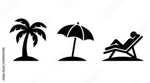 Set of black beach icons featuring a palm tree umbrella and a person relaxing on a sun lounger