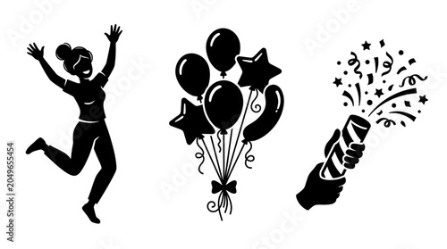 Joyful celebration icon set happy person jumping, festive balloons, and exciting confetti popper. Ideal for event design, party invitations, and festive graphics