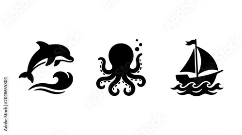 Set of minimalist black marine life and nautical silhouettes including a jumping dolphin octopus and sailboat on ocean waves