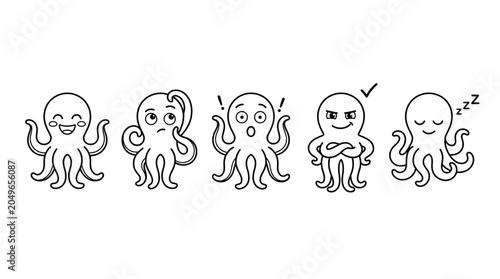 Line art vector set of cute cartoon octopus characters with different facial expressions and emotions