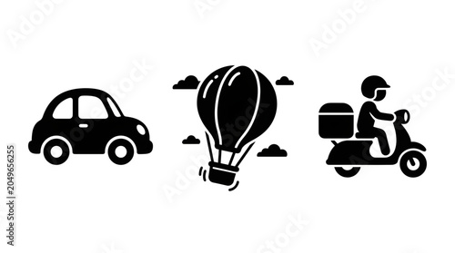 Set of Simple Black Silhouette Icons Featuring a Retro Passenger Car Hot Air Balloon and Delivery Scooter for Logistics and Transport Concepts