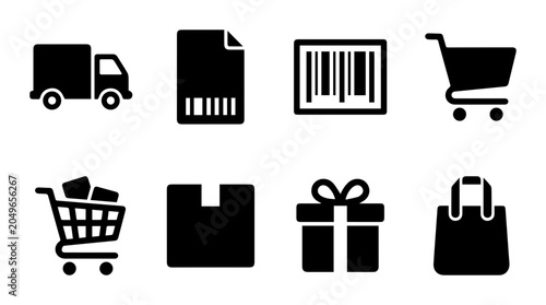 E-commerce Icons Set: Delivery Truck, Document, Barcode, Shopping Cart, Gift Box, Shopping Bag