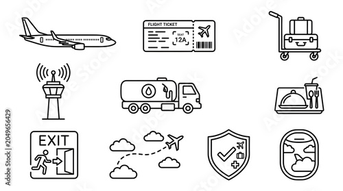 Comprehensive set of airport and air travel line icons including aircraft boarding pass luggage trolley control tower fuel truck and safety symbols
