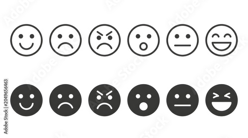 Set of Diverse Facial Expression Icons Representing Customer Feedback and Mood Monitoring in Both Outline and Solid Minimalist Graphic Styles