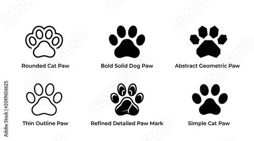Collection of stylized paw print icons representing different breeds and artistic interpretations