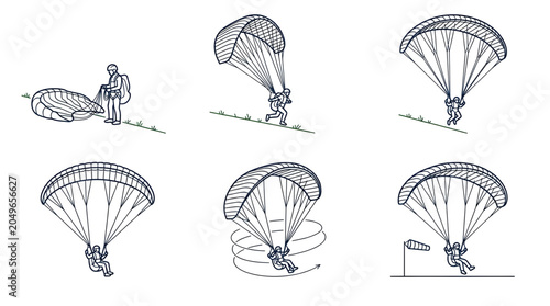 Step by Step Process Guide Showing the Flight Stages of a Paraglider Starting from Ground Preparation to Landing Maneuvers