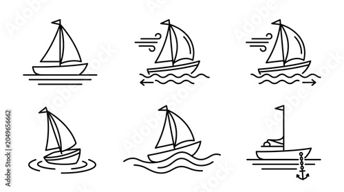 Linear Sailboat Icon Set Featuring Various Nautical Sailing States and Maritime Weather Conditions