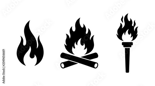 Minimalist Black Silhouette Vector Icon Set Featuring Various Types of Fire Flames Including Campfire and Burning Torch Designs