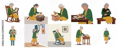 Photos Senior woman reminiscing with old photographs and memories character collection