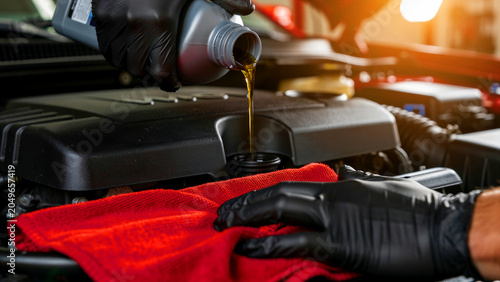 Mechanic pouring fresh engine oil into a car. Technician in black gloves performing routine vehicle maintenance in a garage. Car repair concept, ideal for automotive workshop marketing.