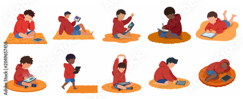 Collection of diverse boys using digital tablets in various poses for learning and entertainment