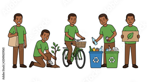 A man engaging in various eco-friendly activities including planting a tree, recycling, and cycling, promoting sustainability and environmental protection
