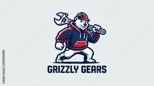 Grizzly Bear Mechanic Mascot Logo Wearing Hoodie and Hard Hat Holding Wrench for Industrial Repair and Maintenance Services