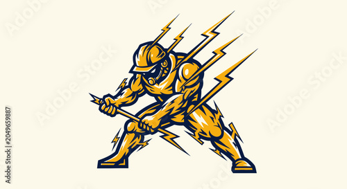 Powerful Electrician Mascot Logo Illustration, Muscular Lineman Worker Holding Electrical Cable with Lightning Bolts and Energy Sparks