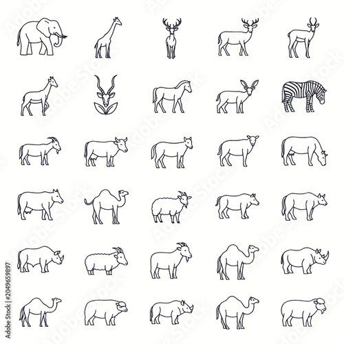 Obraz na plátně Collection of stylized line art icons representing various wild and domestic animals from different continents