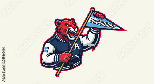 Fierce Red Panther Mascot in Varsity Jacket Holding Champions Pennant Flag Illustration