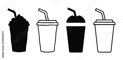Minimalist soda cup icons set, black and white takeaway drink silhouettes, 4 vector beverage containers with straws for cafe menus