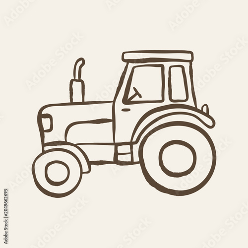 Hand drawn tractor doodle illustration in naive line art style. Cute farming vehicle isolated in countryside theme.