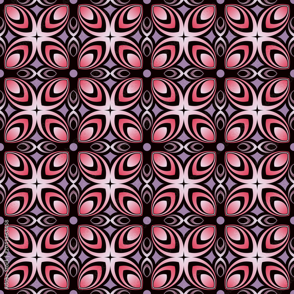 Fototapeta premium Chic tiled seamless pattern. Overlapping art forms, stripes, polygons, segments are grouped and arranged in a certain order.