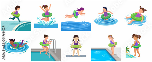 Set of flat vector illustrations featuring young girls in swimsuits playing and swimming in the pool with green inflatable rings