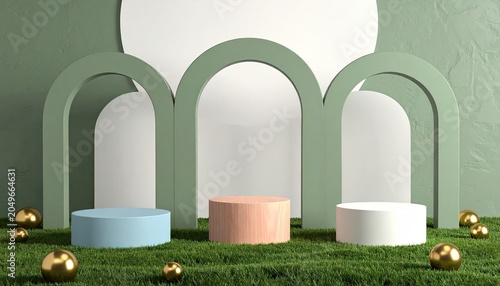 Three pastel pedestals on grass with arches and golden spheres