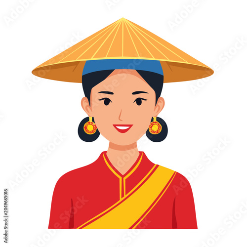 Woman in traditional Asian conical hat and red clothing