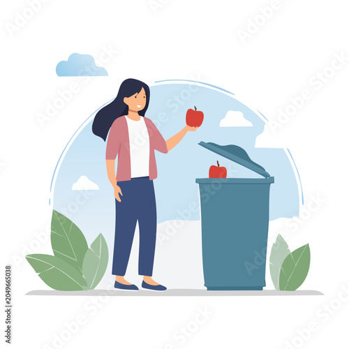Woman throwing an apple into a trash can