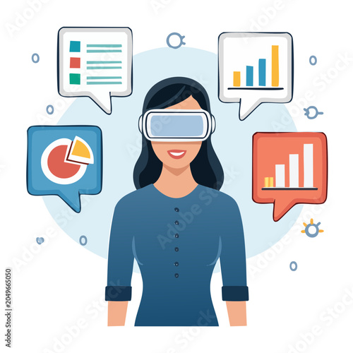 Woman using VR headset with data charts and graphs