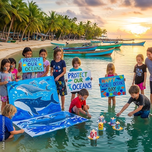 Group of diverse children celebrating World Oceans Day on a tropical beach.