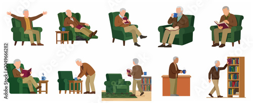 Elderly man character set performing various activities like reading books, drinking coffee, and relaxing in an armchair at home. Flat vector illustration.