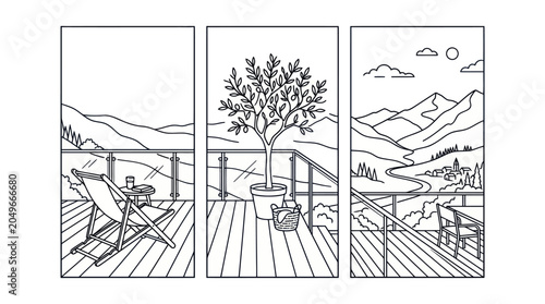 Fotografía Minimalist Mountain Balcony View Line Art Triptych Illustration