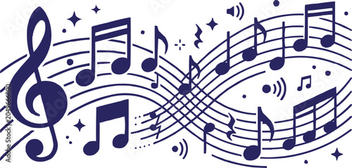 Fotografía Abstract musical background featuring black treble clef and melody notes on a st