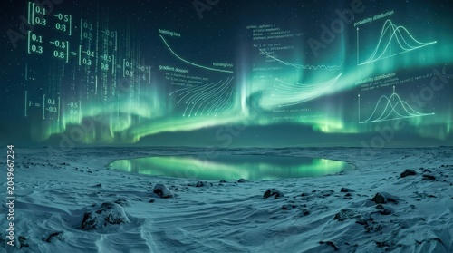 Abstract data science and mathematics equations overlaid on northern lights aurora borealis in snowy landscape