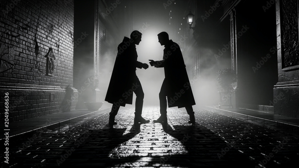 Obraz premium Silhouette of two men in coats meeting in a dark foggy alley. Cinematic film noir scene with high contrast light on cobblestone. Mystery and suspense concept, ideal for crime thriller book covers.