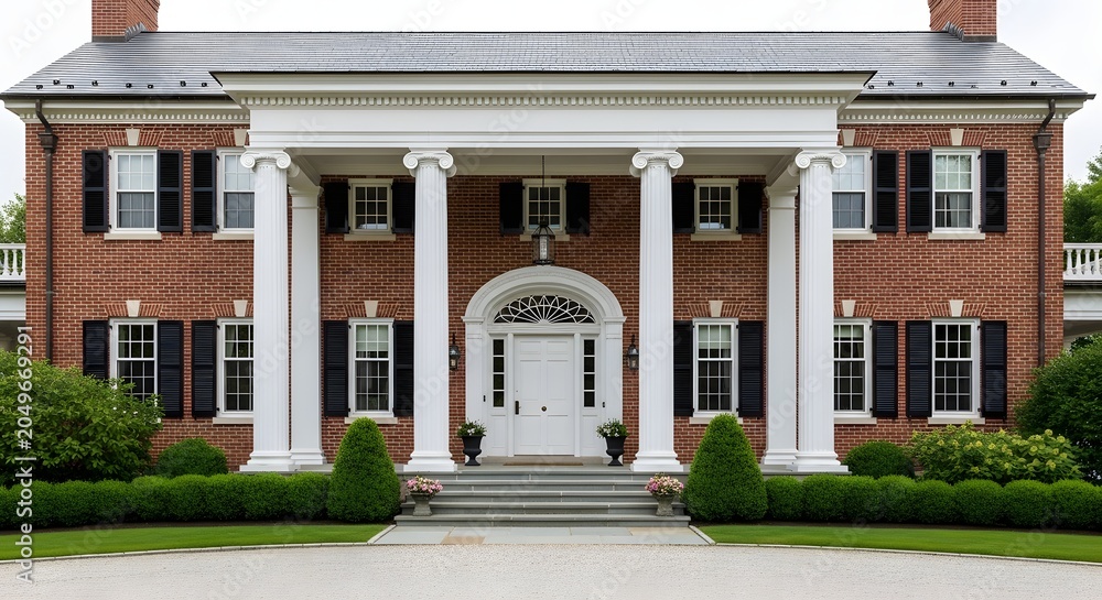 Obraz premium A grand brick colonial-style house with a white columned portico, a circular driveway, and manicured landscaping.