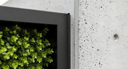 Close-up of a black framed vertical garden with vibrant green plants against a textured concrete wall.