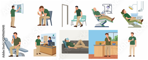 Foto Comprehensive flat vector illustration set of a man suffering from toothache, visiting a dental clinic, undergoing treatment, and recovering at home
