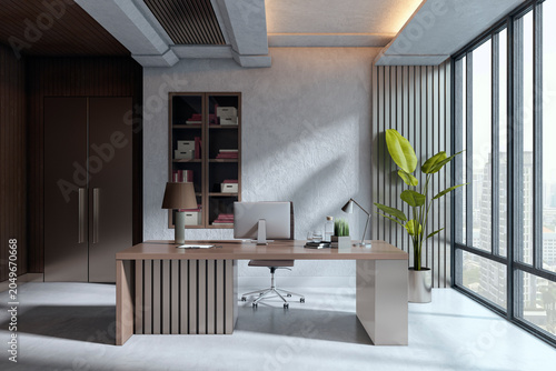 Modern luxury office workspace with large windows, elegant desk, premium interior design and sunlight-filled contemporary room. 3D Rendering