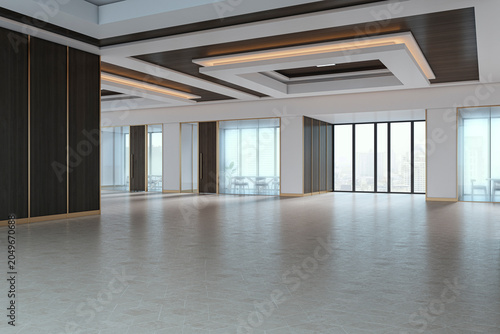 Canvastavla Modern empty corporate office interior with large windows, glass partitions, contemporary ceiling design and spacious open work area