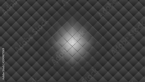 Dark quilted surface glows softly in center. Textured pattern features diamond shapes in subtle gradation. Soft light highlights create depth and contrast. Ideal for luxury, tech