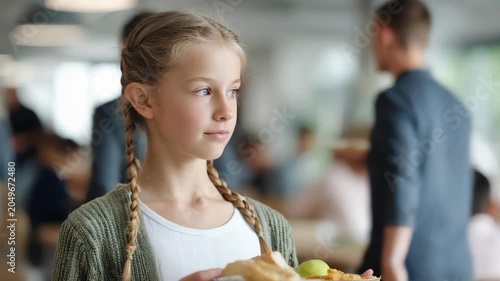 Young Girl With Braids Holds Lunch Tray in Cafeteria