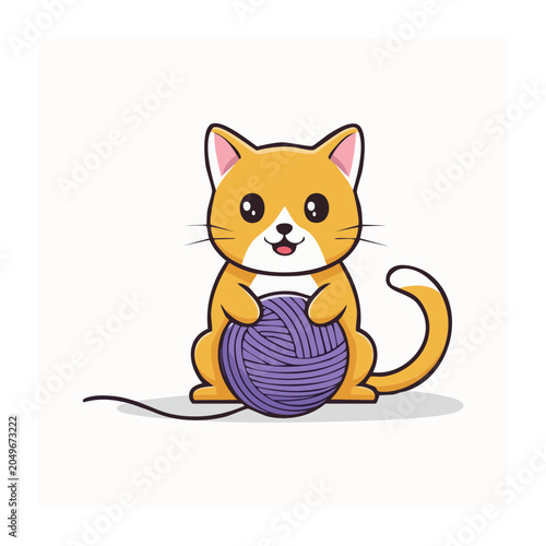 Cute cartoon cat holding a ball of purple yarn