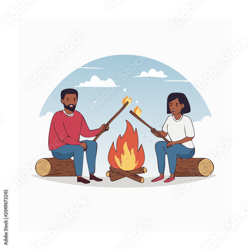 Couple roasting marshmallows over a campfire in flat design style