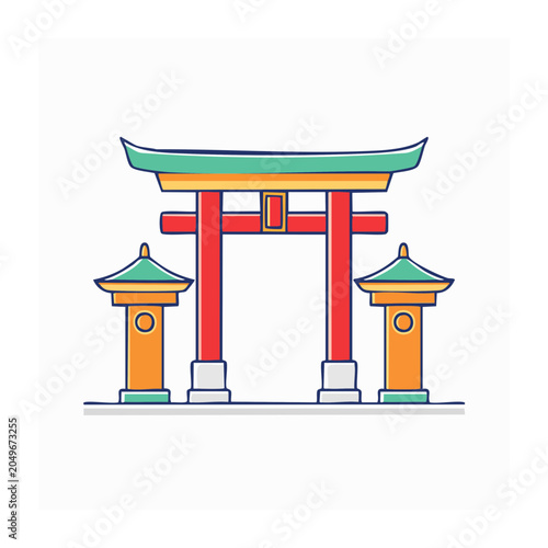 Flat design illustration of a Japanese Torii gate with lanterns